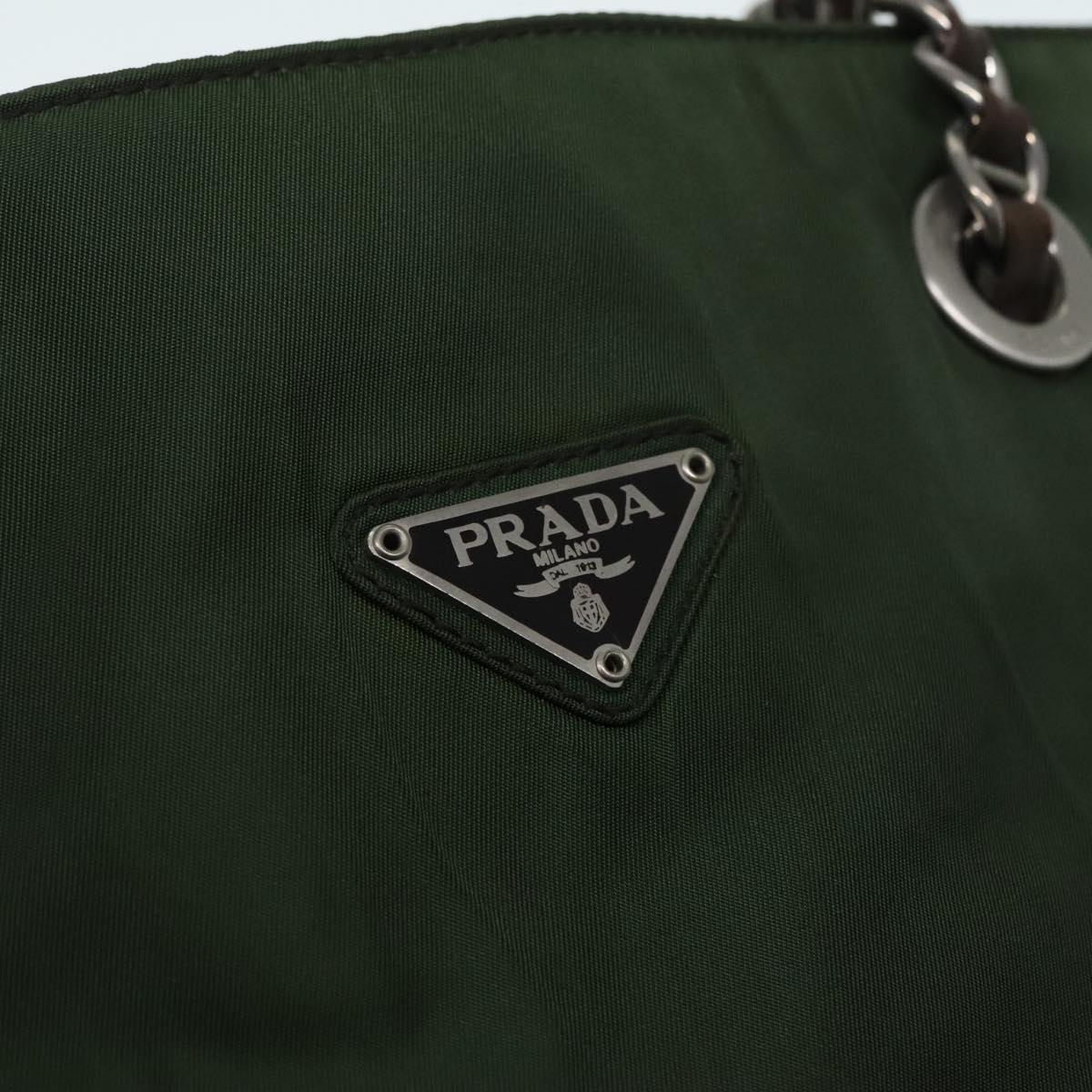 PRADA Chain Shoulder Bag Nylon Khaki Brown Silver Auth yk15336