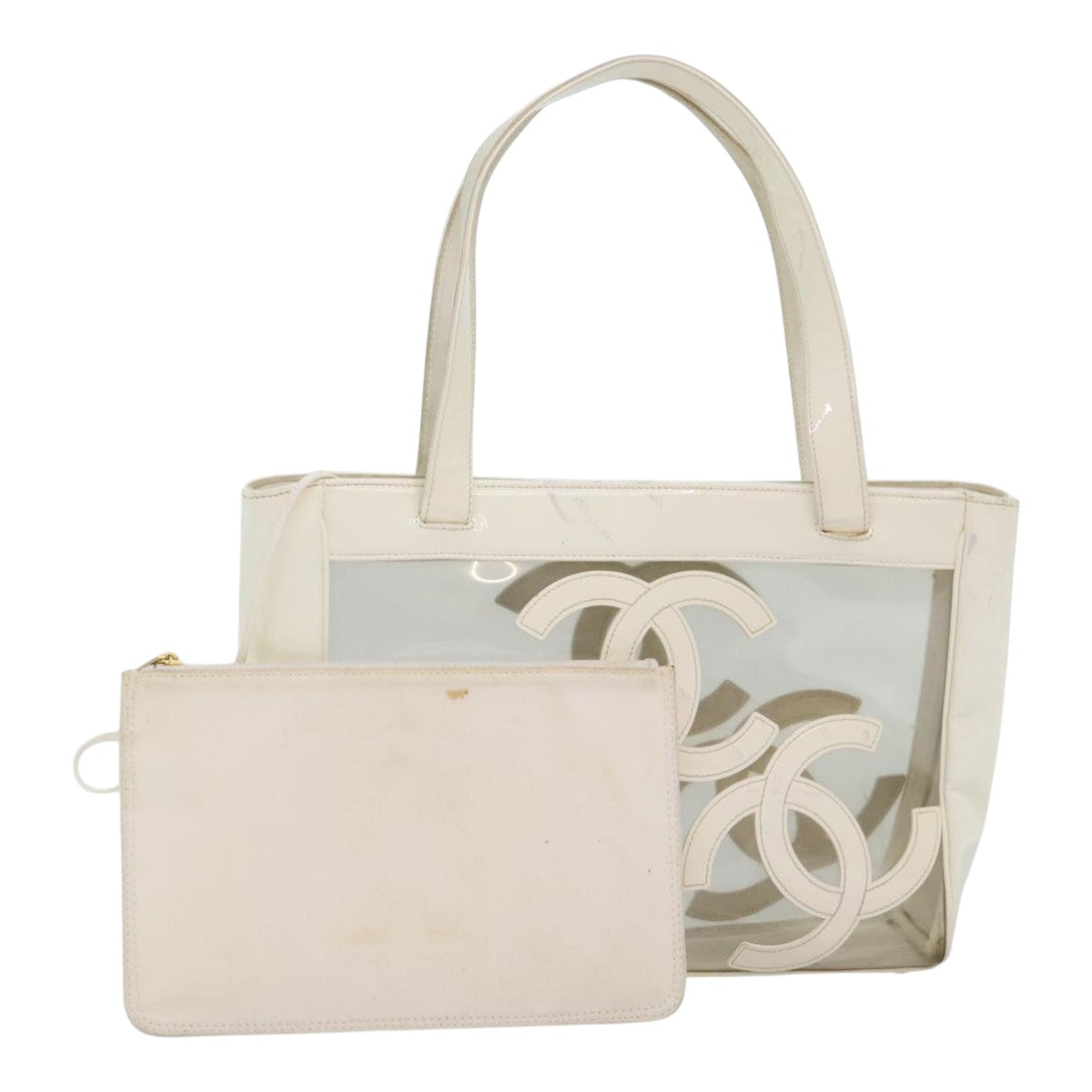 CHANEL Triple Coco Tote Bag Vinyl White Gold CC Auth yk15356