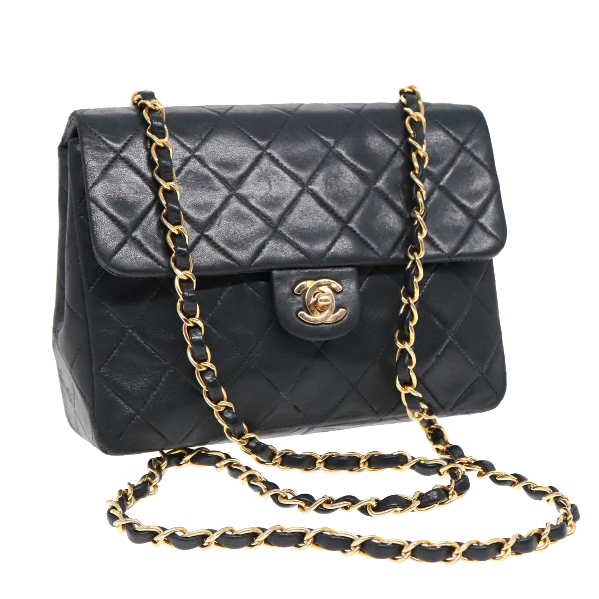 CHANEL Mini Matelasse Chain Shoulder Bag Lamb Skin Black Gold CC Auth yk15360