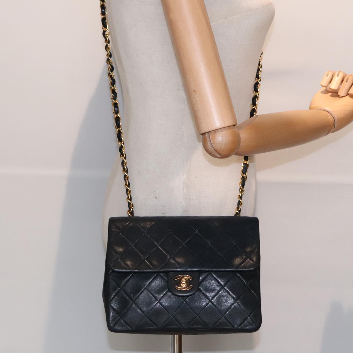 CHANEL Mini Matelasse Chain Shoulder Bag Lamb Skin Black Gold CC Auth yk15360