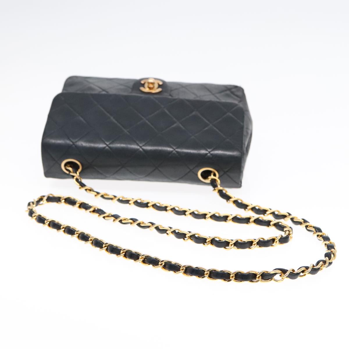 CHANEL Mini Matelasse Chain Shoulder Bag Lamb Skin Black Gold CC Auth yk15360