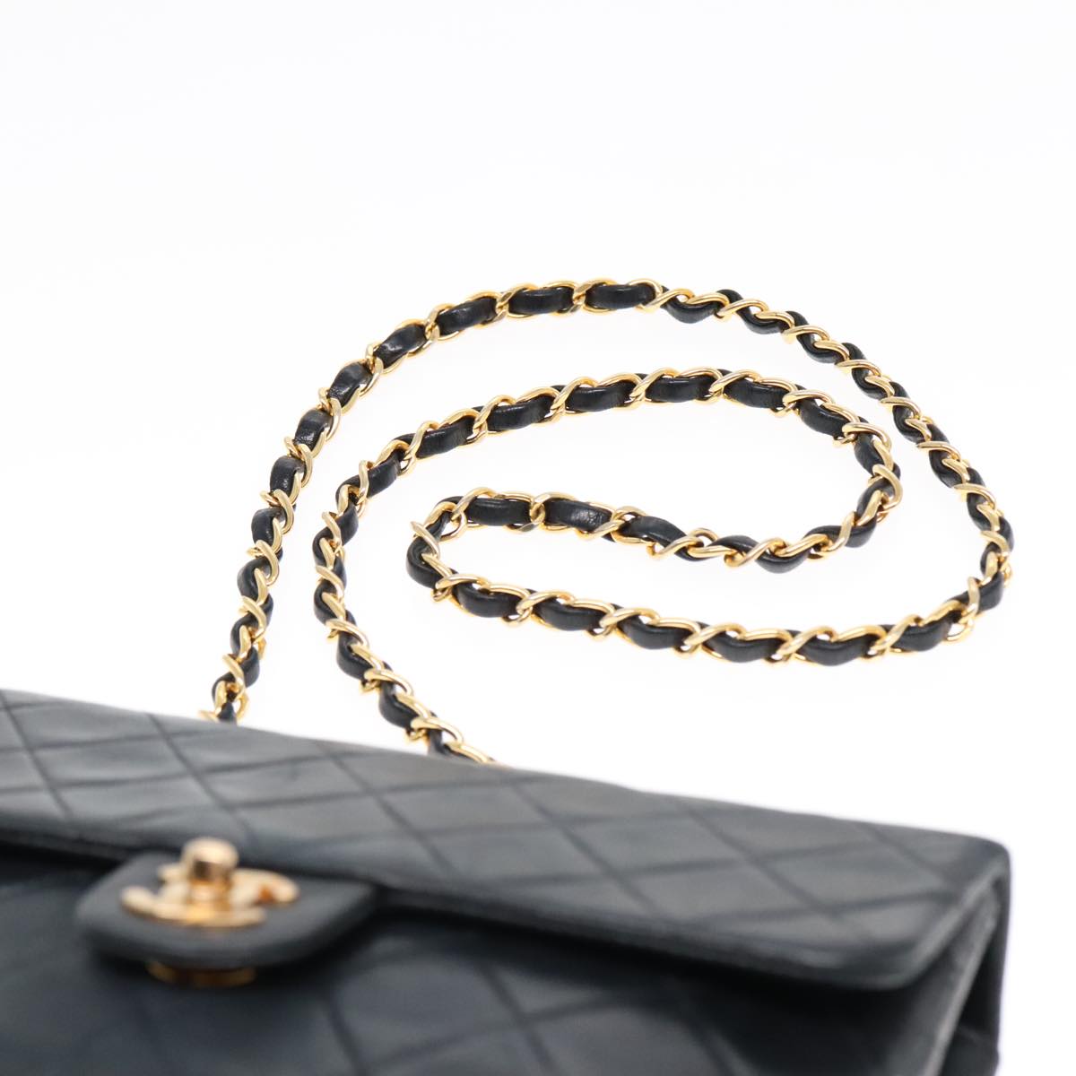 CHANEL Mini Matelasse Chain Shoulder Bag Lamb Skin Black Gold CC Auth yk15360