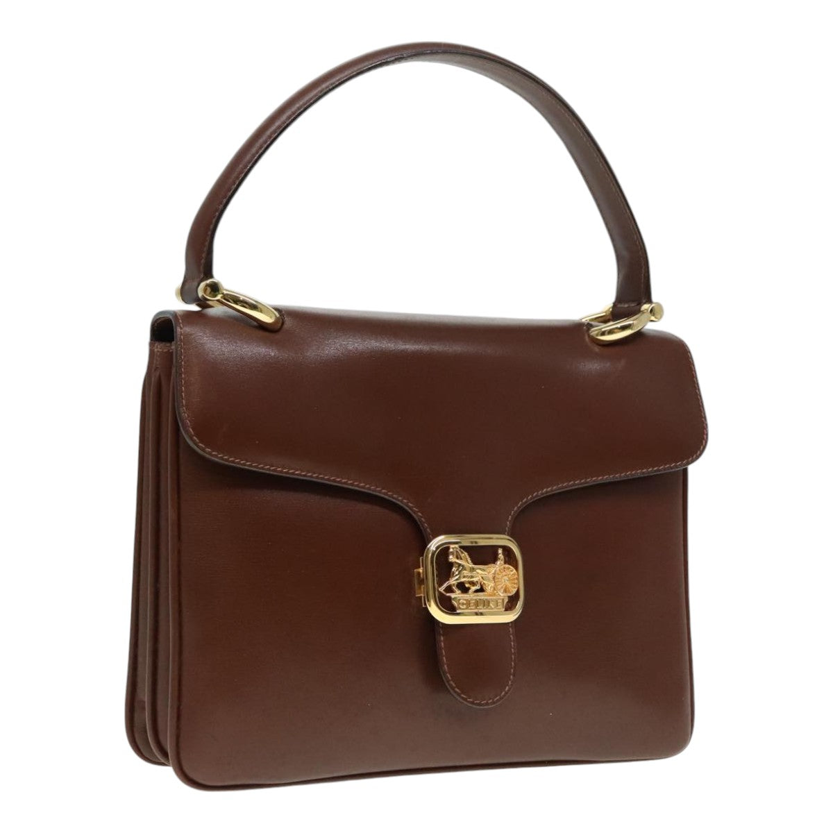 CELINE Horse Carriage Hand Bag Leather Brown Gold Auth yk15361