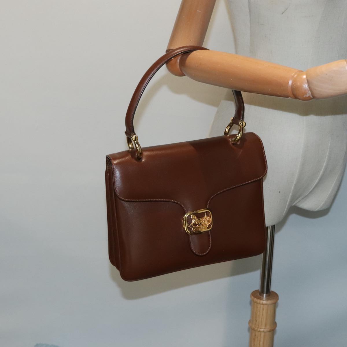 CELINE Horse Carriage Hand Bag Leather Brown Gold Auth yk15361