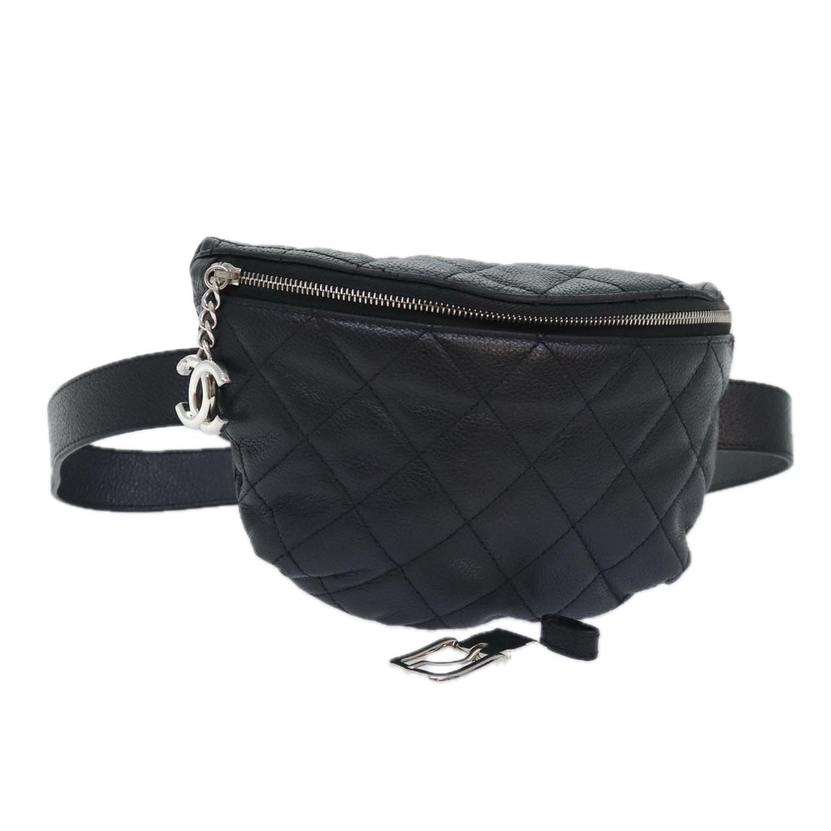 CHANEL Matelasse Waist bag Caviar Skin Black Silver CC Auth yk15369