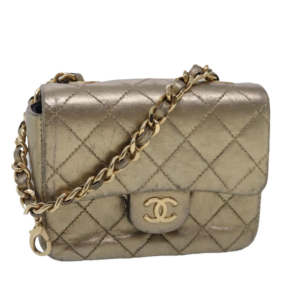 CHANEL Mini Mini Matelasse Chain Pouch Lamb Skin Gold CC Auth yk15423