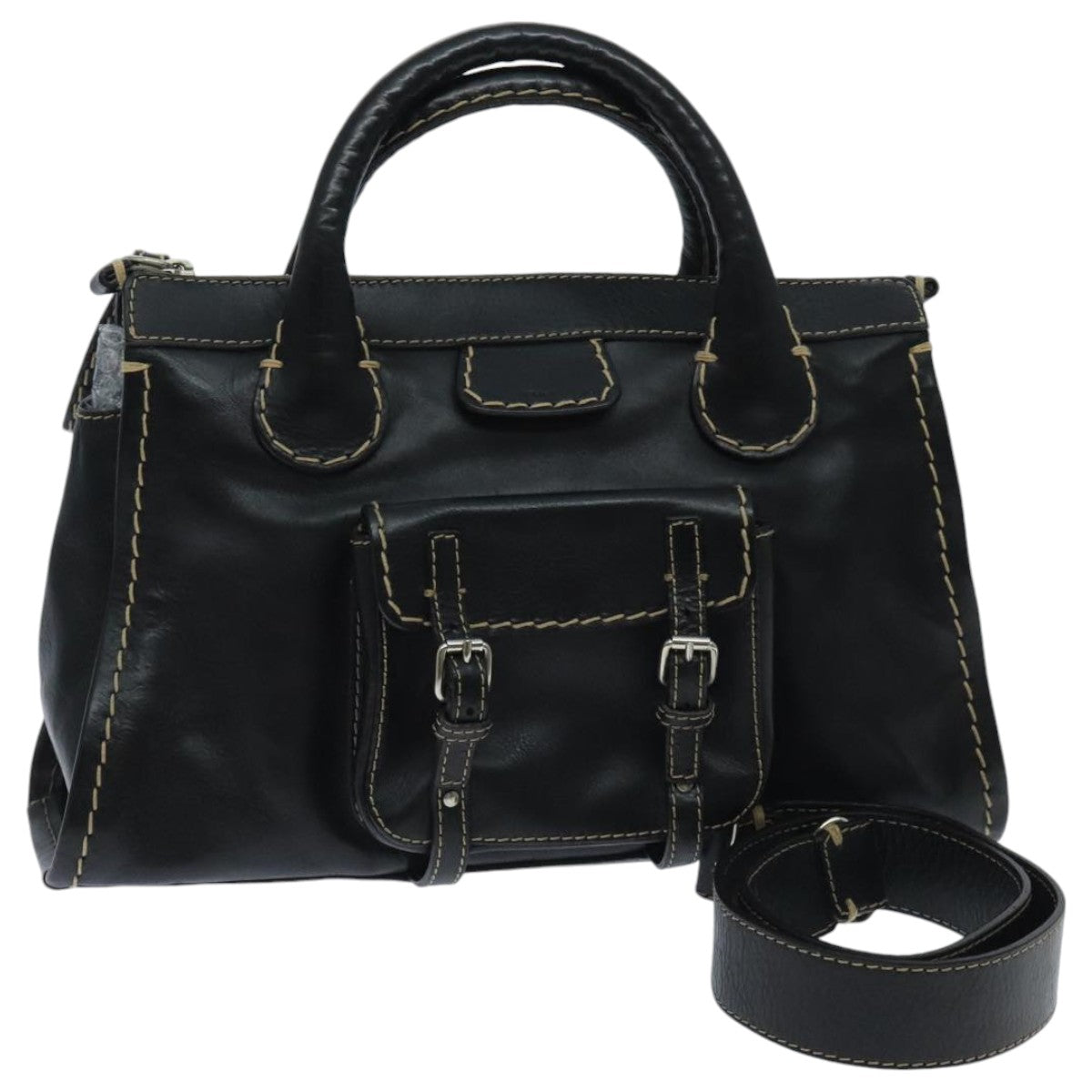 Chloe Edith Hand Bag Leather 2way Black Silver Auth yk15433