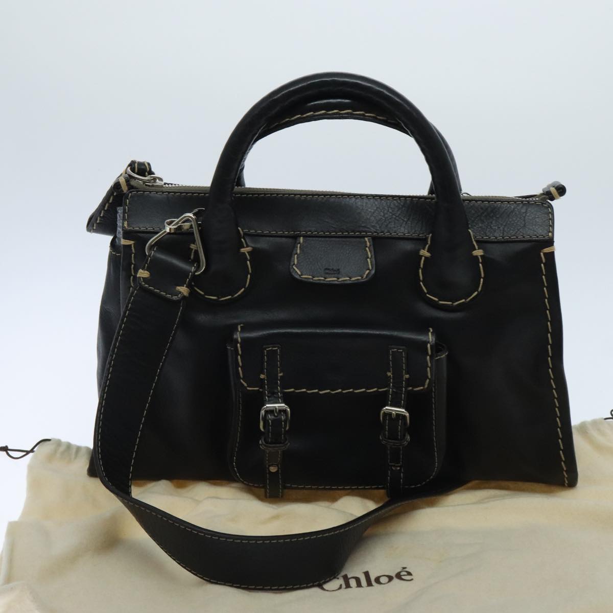 Chloe Edith Hand Bag Leather 2way Black Silver Auth yk15433