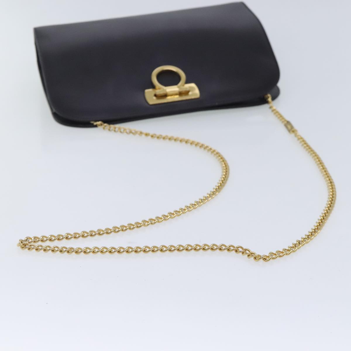 Salvatore Ferragamo Gancini Chain Shoulder Bag Leather Brown Gold Auth yk15441