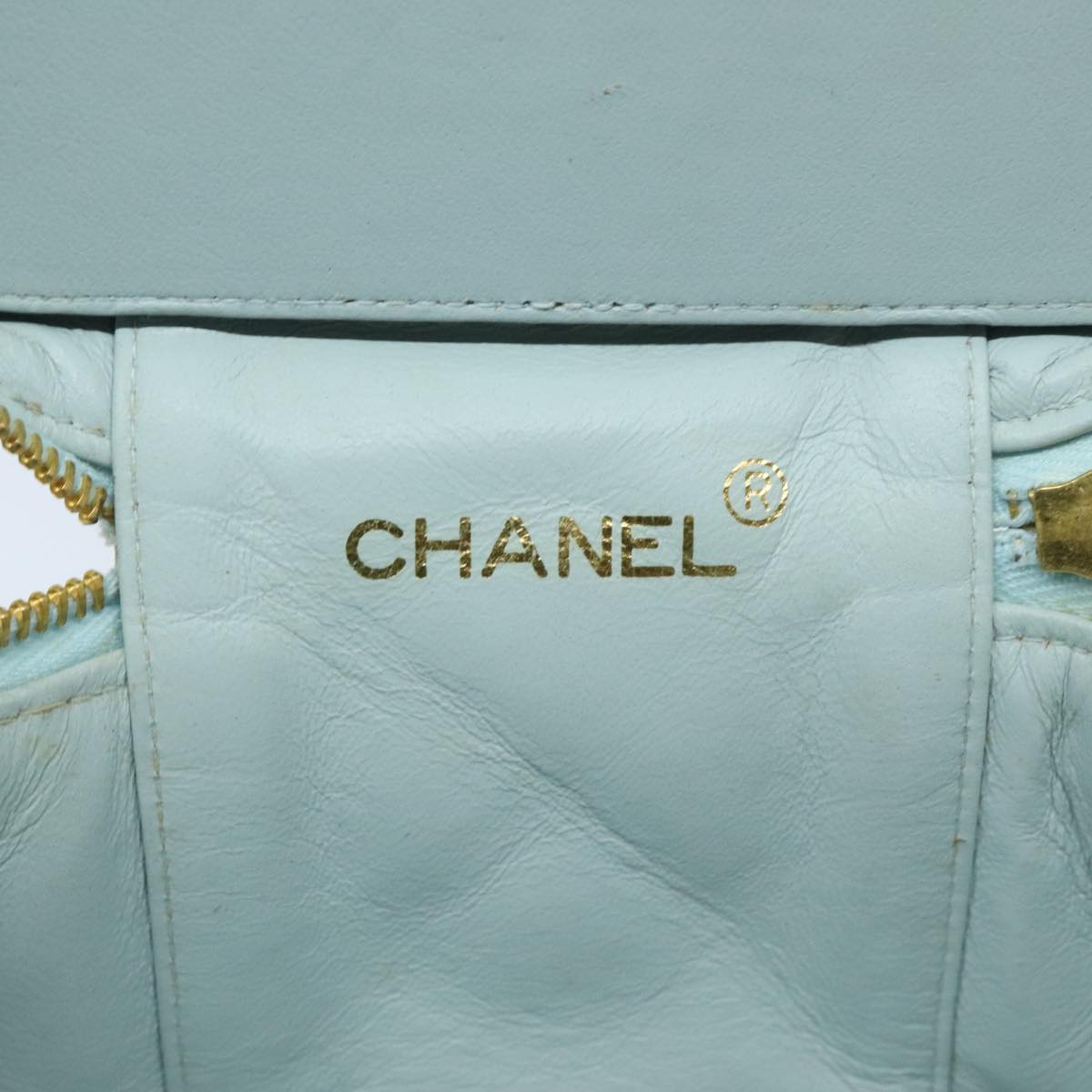 CHANEL Matelasse Vanity Cosmetic Pouch Lamb Skin Blue Gold CC Auth yk15445