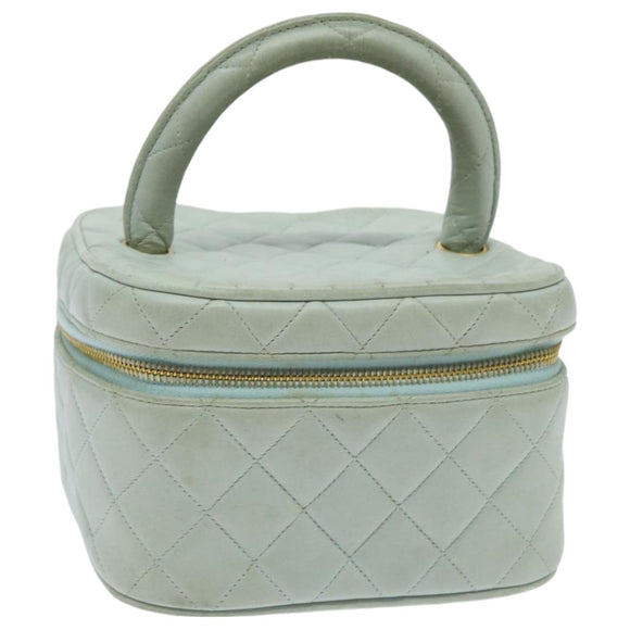 CHANEL Matelasse Vanity Cosmetic Pouch Lamb Skin Blue Gold CC Auth yk15445