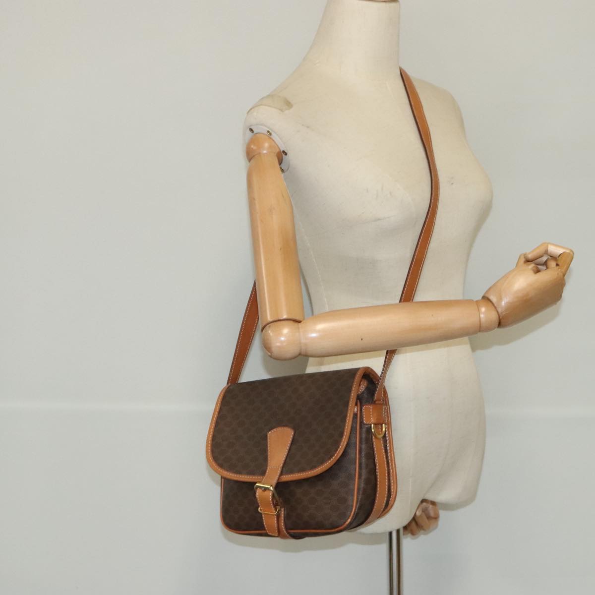 CELINE Macadam Canvas Shoulder Bag PVC Leather Brown Gold Auth yk15449