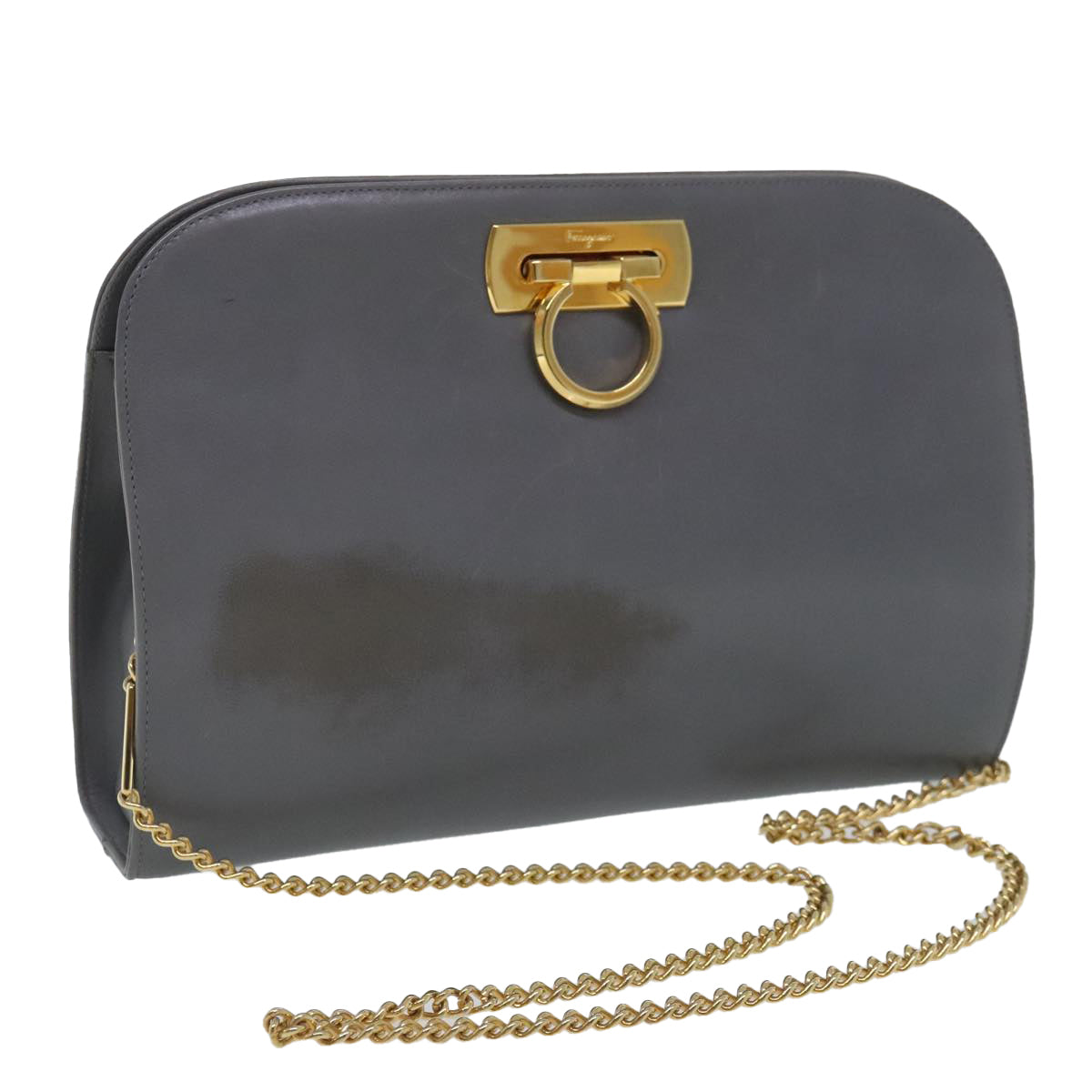 Salvatore Ferragamo Gancini Chain Shoulder Bag Leather Gray Gold Auth yk15450