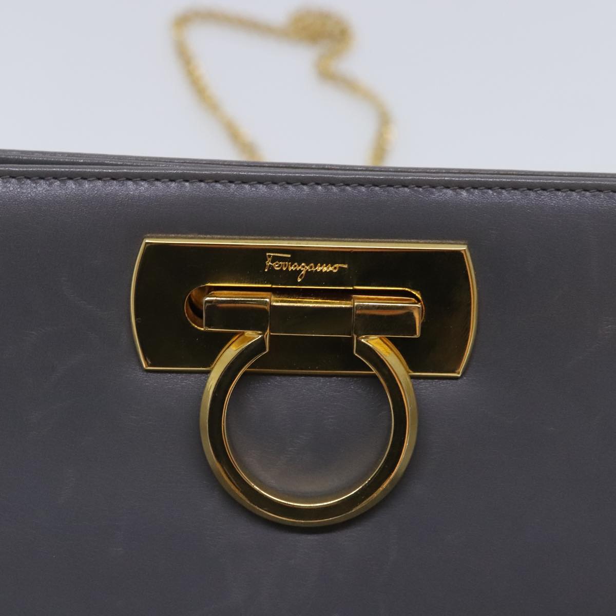 Salvatore Ferragamo Gancini Chain Shoulder Bag Leather Gray Gold Auth yk15450