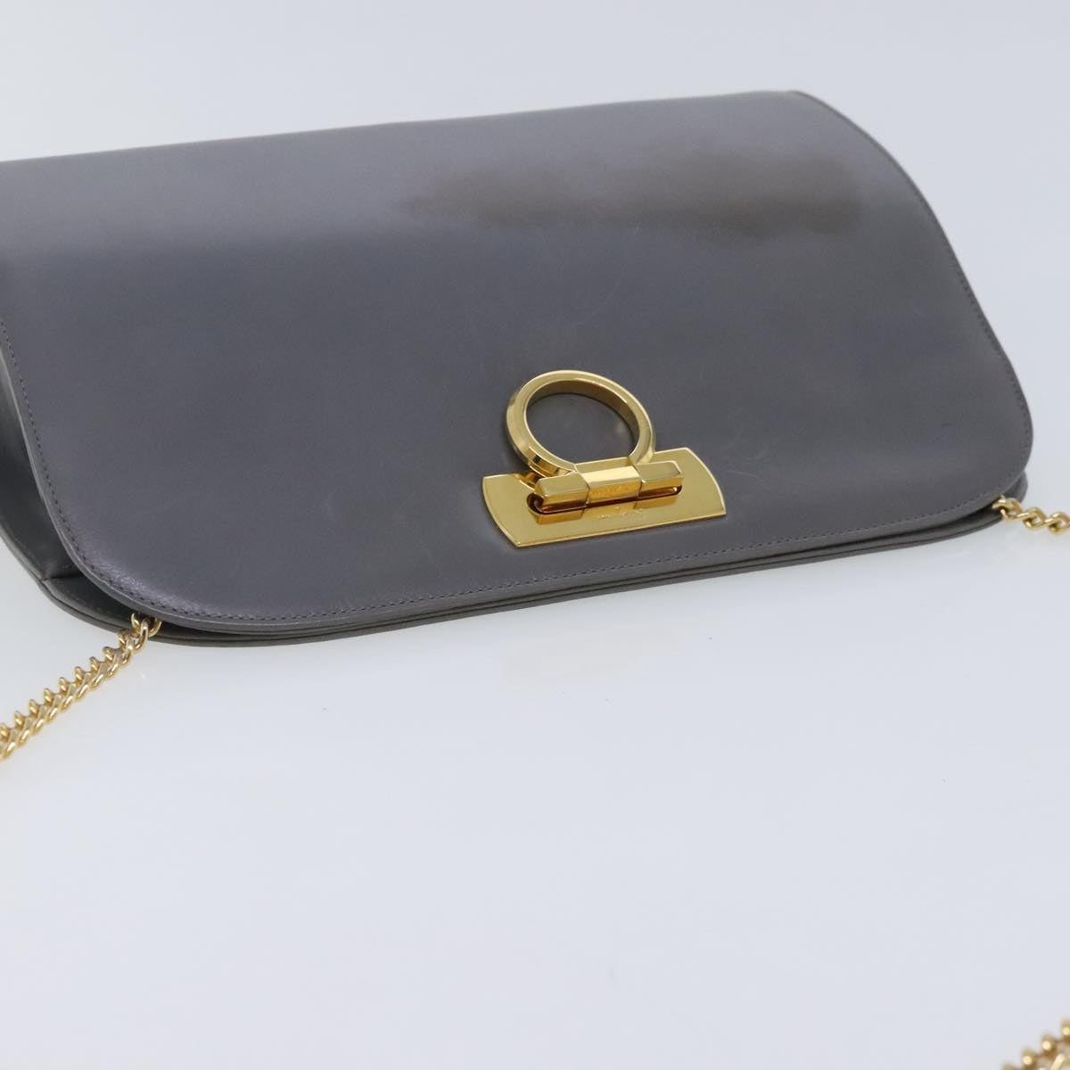 Salvatore Ferragamo Gancini Chain Shoulder Bag Leather Gray Gold Auth yk15450