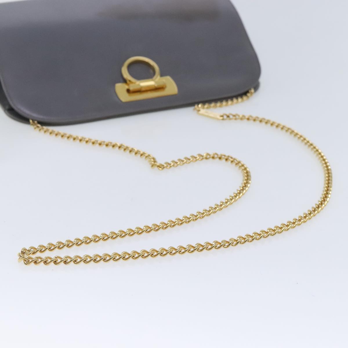 Salvatore Ferragamo Gancini Chain Shoulder Bag Leather Gray Gold Auth yk15450