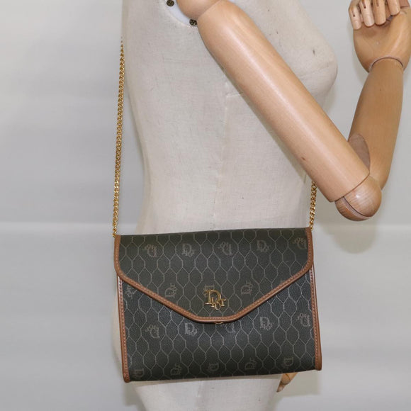 Christian Dior Honeycomb Canvas Chain Shoulder Bag PVC Khaki Gold Auth yk15460