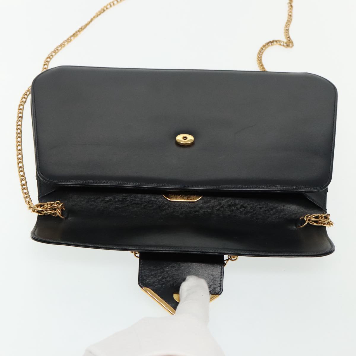 CARTIER Chain Shoulder Bag Leather Navy Gold Auth yk15463