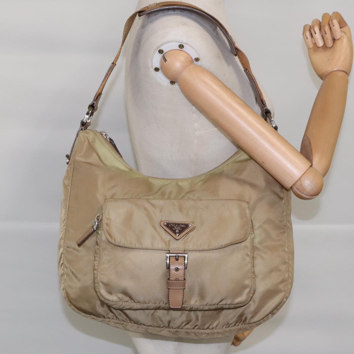 PRADA Shoulder Bag Nylon Beige Silver Auth yk15479