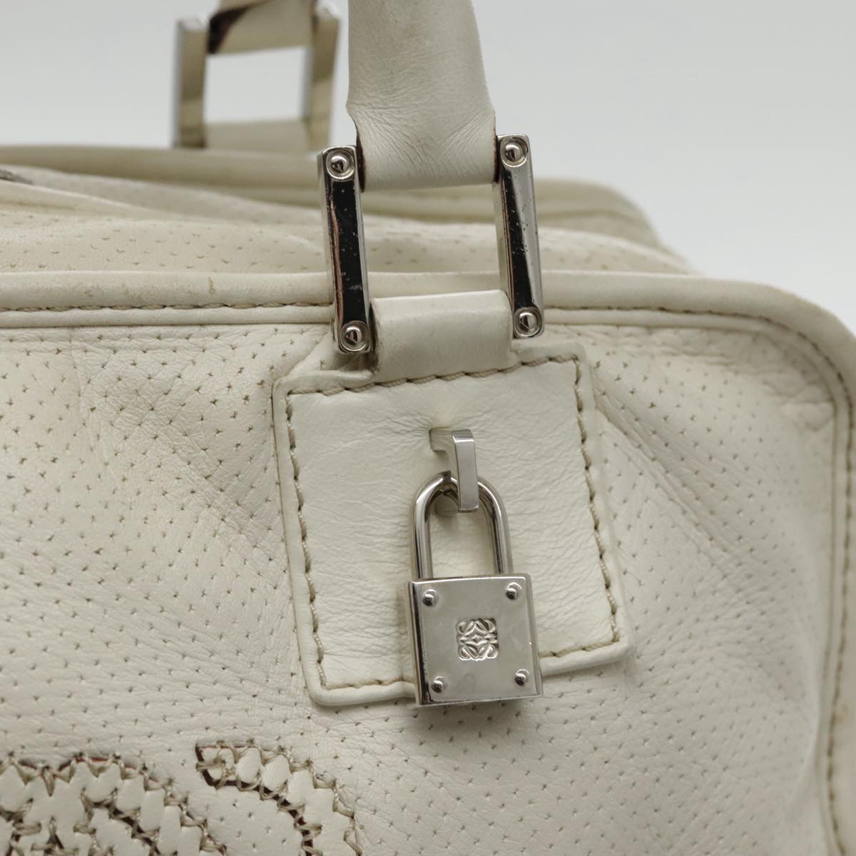 LOEWE Anagram Americana 28 Hand Bag Leather Silver White Auth yk15488