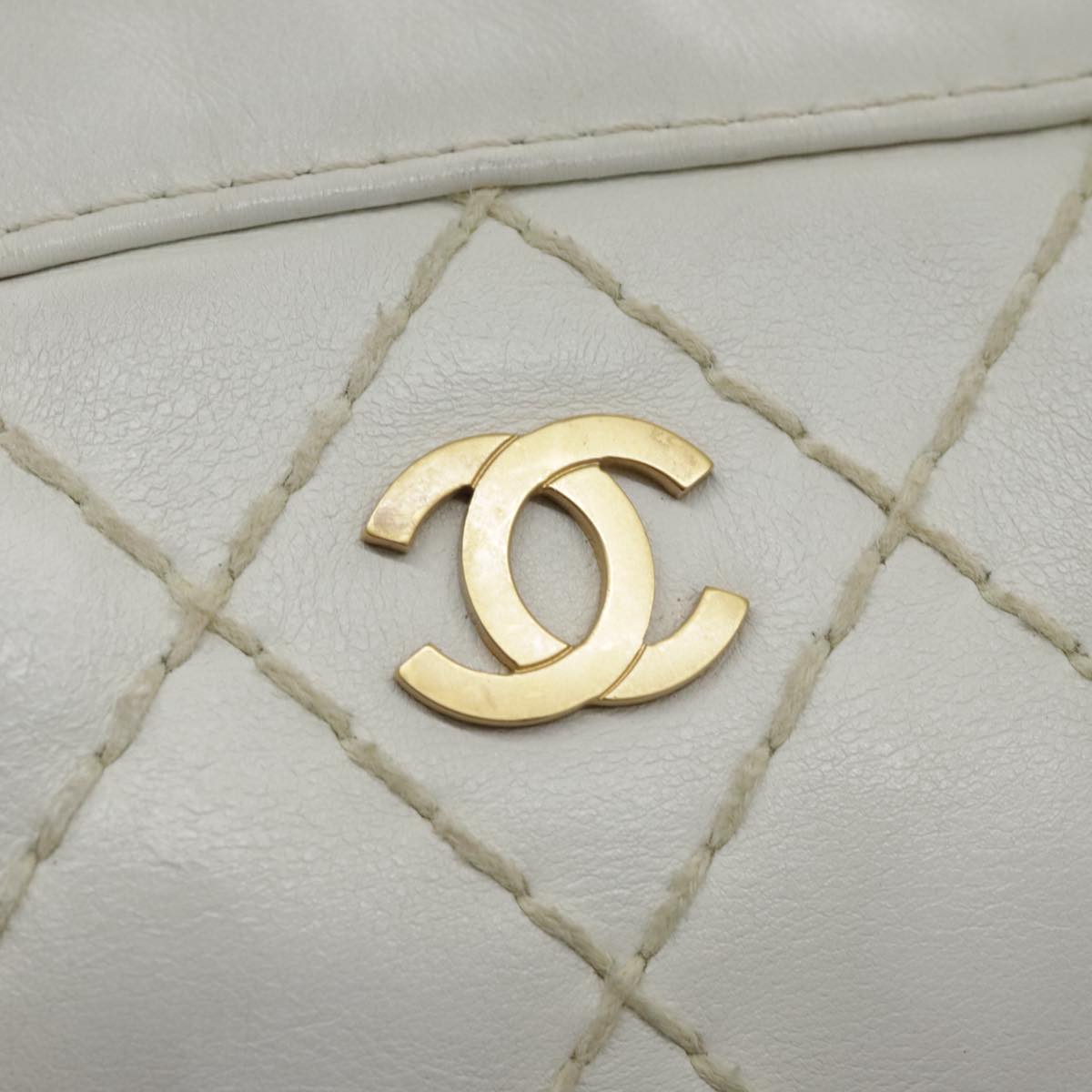 CHANEL Wild Stitch Hand Bag Leather White Gold CC Auth yk15489