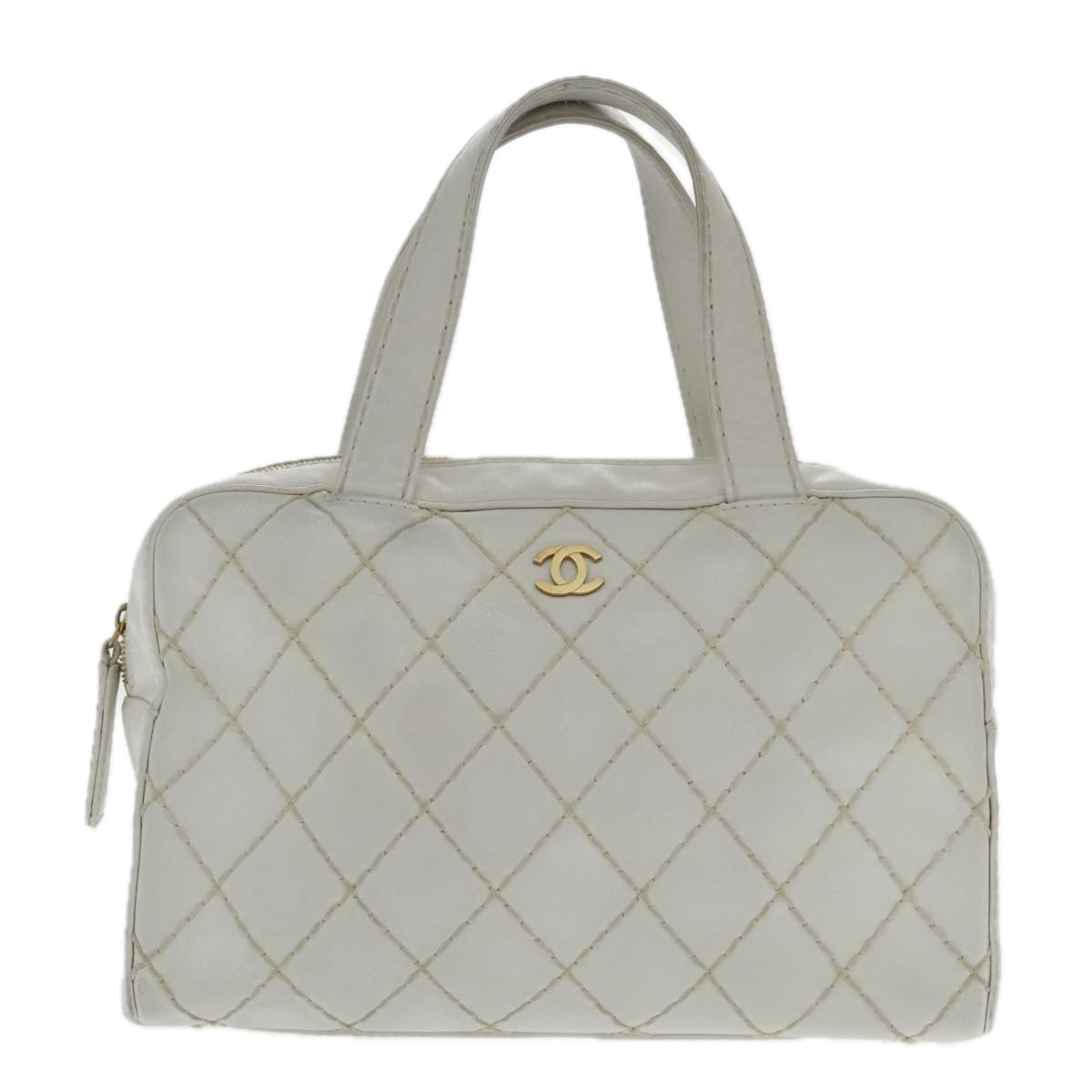 CHANEL Wild Stitch Hand Bag Leather White Gold CC Auth yk15489