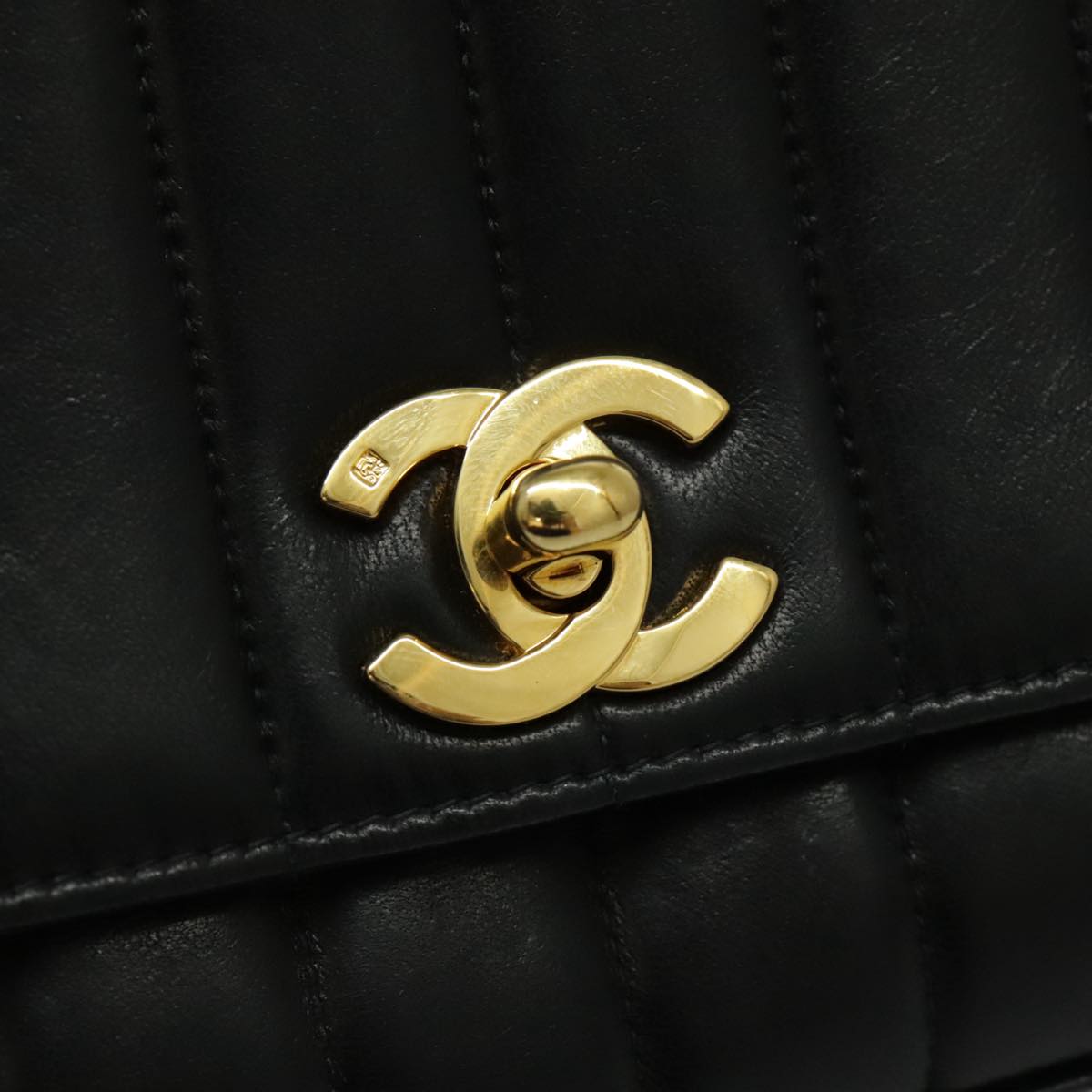 CHANEL Mademoiselle Shoulder Bag Lamb Skin Black Gold CC Auth yk15502A