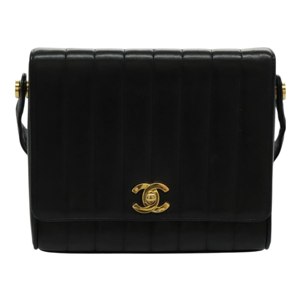 CHANEL Mademoiselle Shoulder Bag Lamb Skin Black Gold CC Auth yk15502A