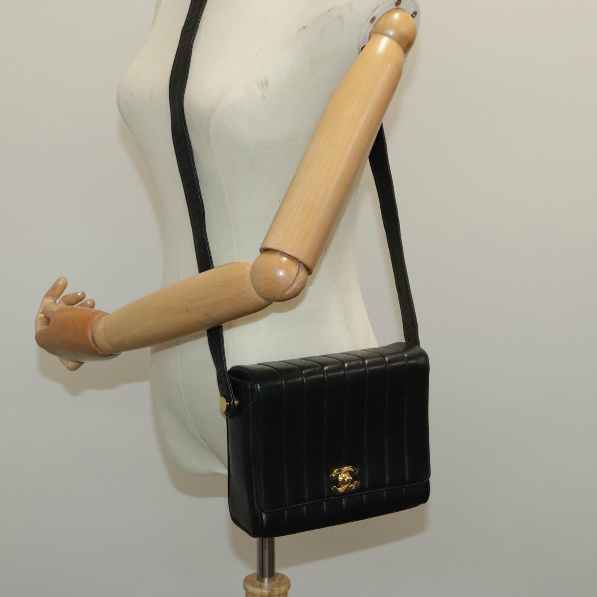 CHANEL Mademoiselle Shoulder Bag Lamb Skin Black Gold CC Auth yk15502A