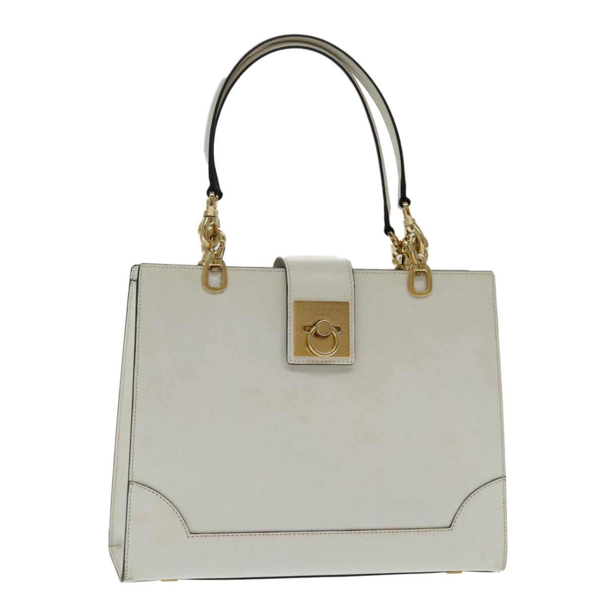 CELINE Hand Bag Leather White Gold Auth yk15510