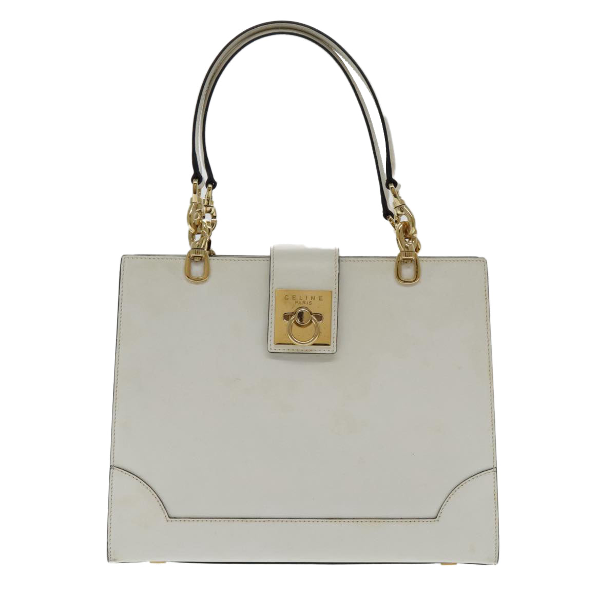 CELINE Hand Bag Leather White Gold Auth yk15510