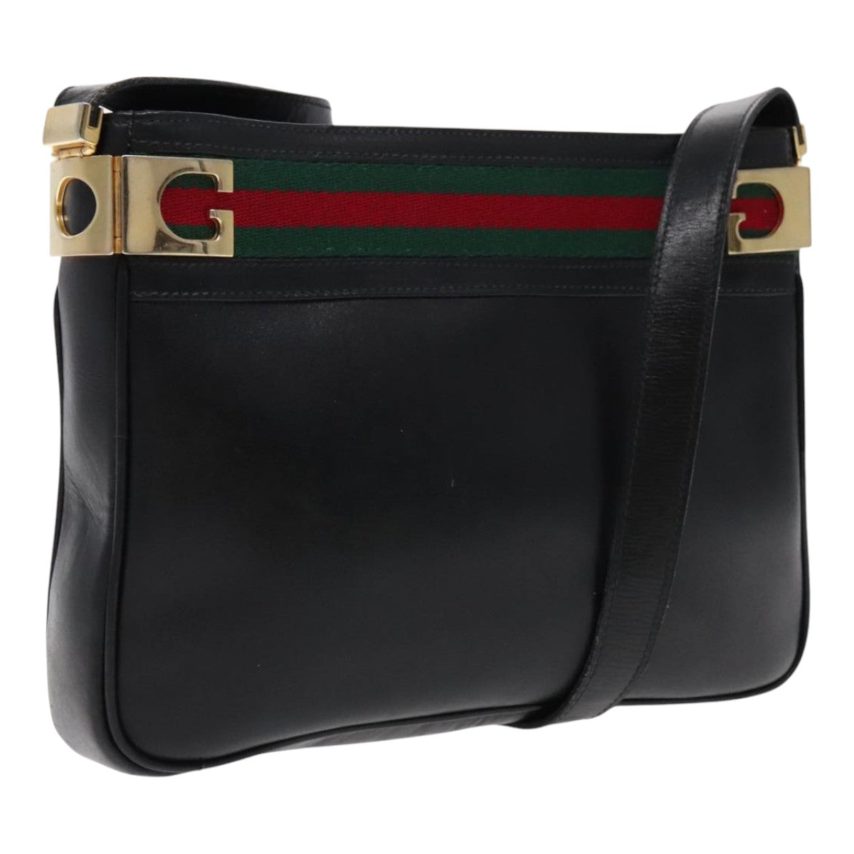 GUCCI Web Sherry Line Shoulder Bag Leather Black Green Red Auth yk15511