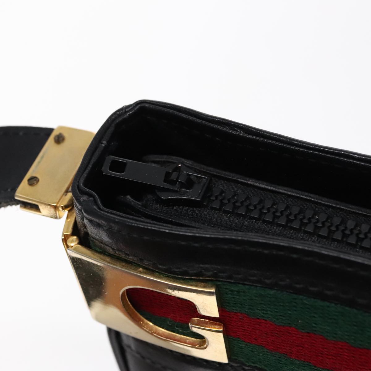 GUCCI Web Sherry Line Shoulder Bag Leather Black Green Red Auth yk15511