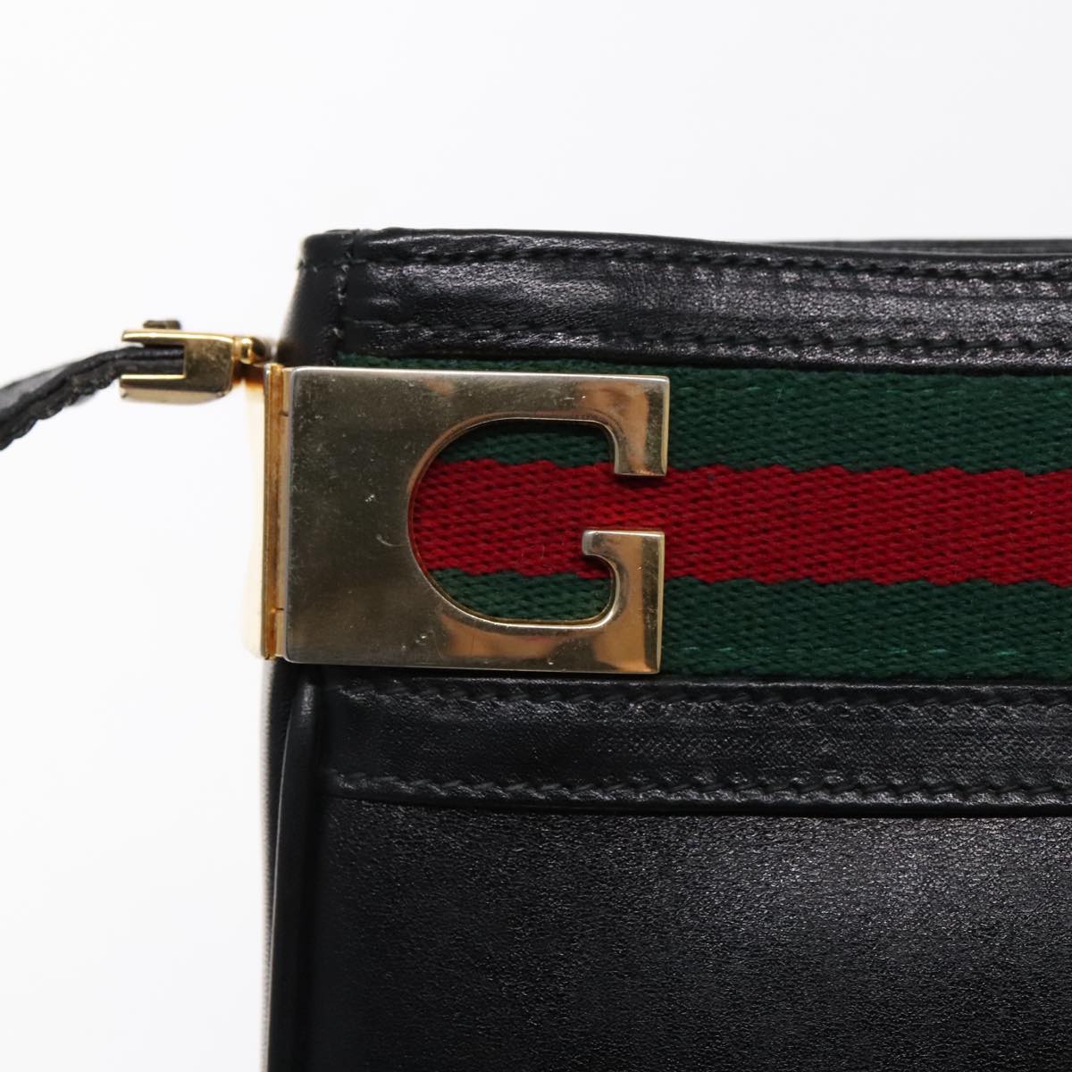 GUCCI Web Sherry Line Shoulder Bag Leather Black Green Red Auth yk15511