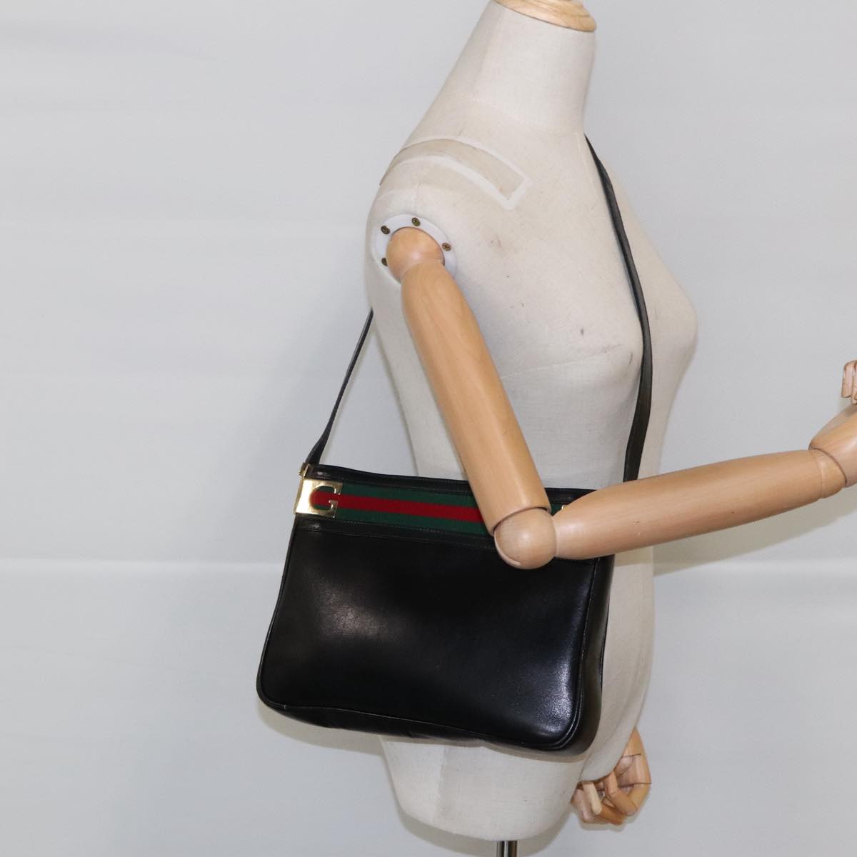 GUCCI Web Sherry Line Shoulder Bag Leather Black Green Red Auth yk15511