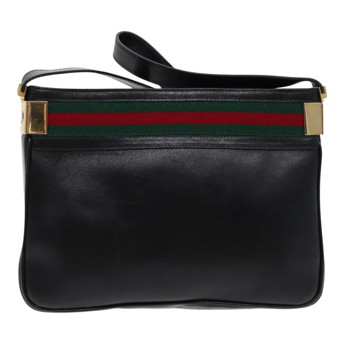 GUCCI Web Sherry Line Shoulder Bag Leather Black Green Red Auth yk15511