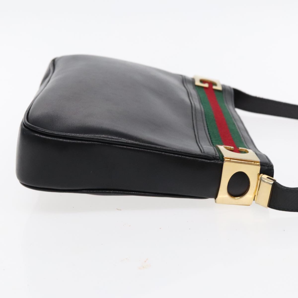 GUCCI Web Sherry Line Shoulder Bag Leather Black Green Red Auth yk15511