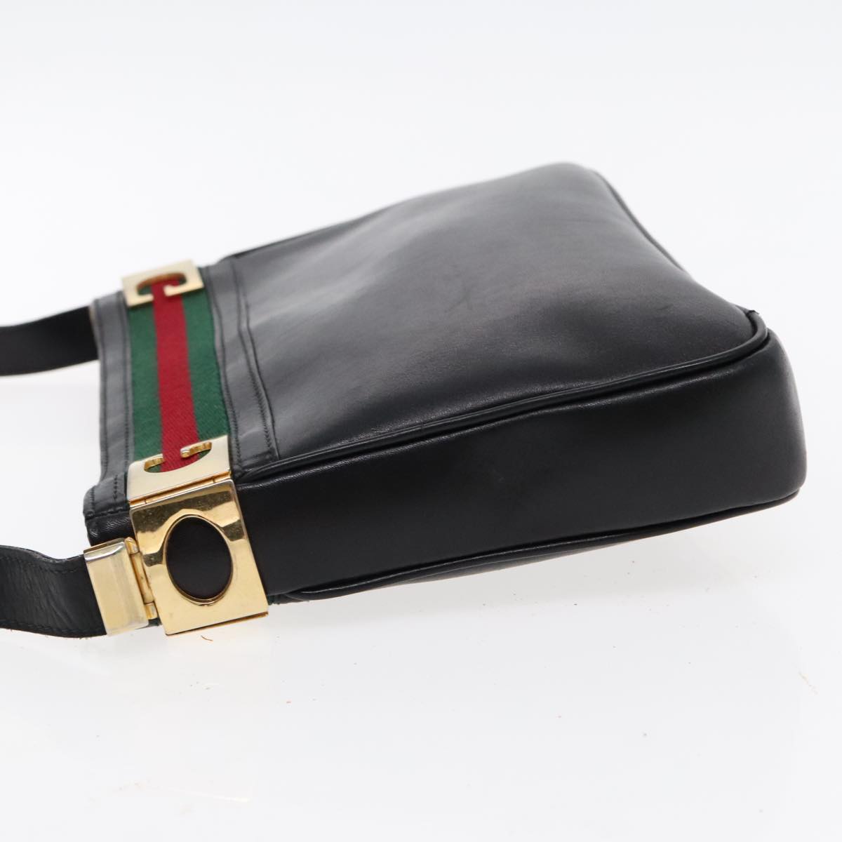 GUCCI Web Sherry Line Shoulder Bag Leather Black Green Red Auth yk15511