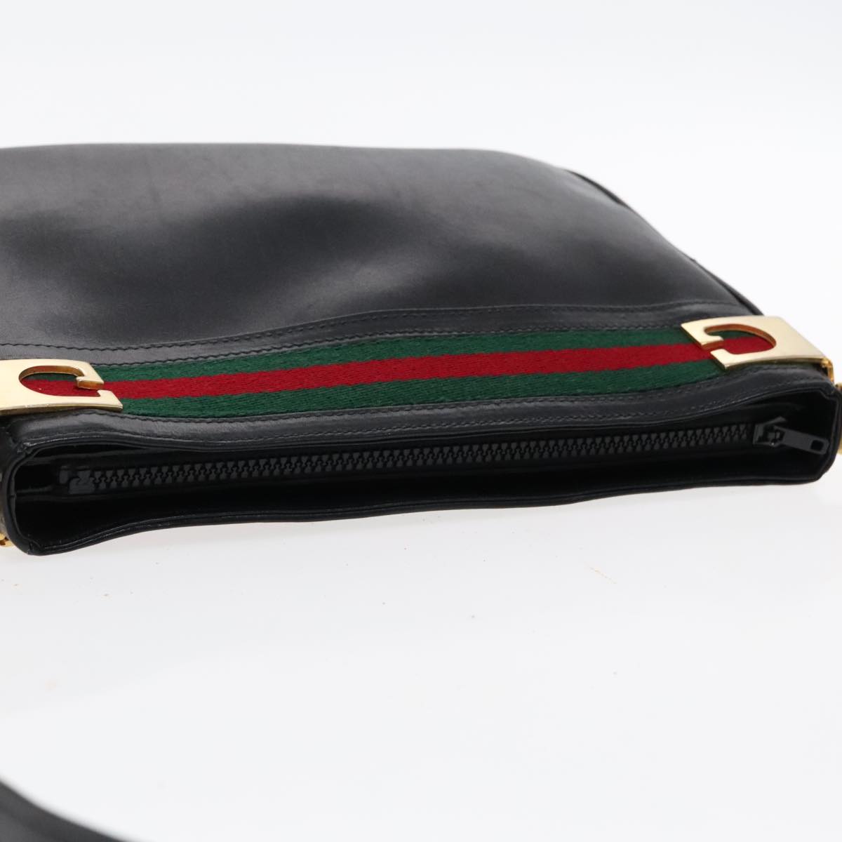 GUCCI Web Sherry Line Shoulder Bag Leather Black Green Red Auth yk15511