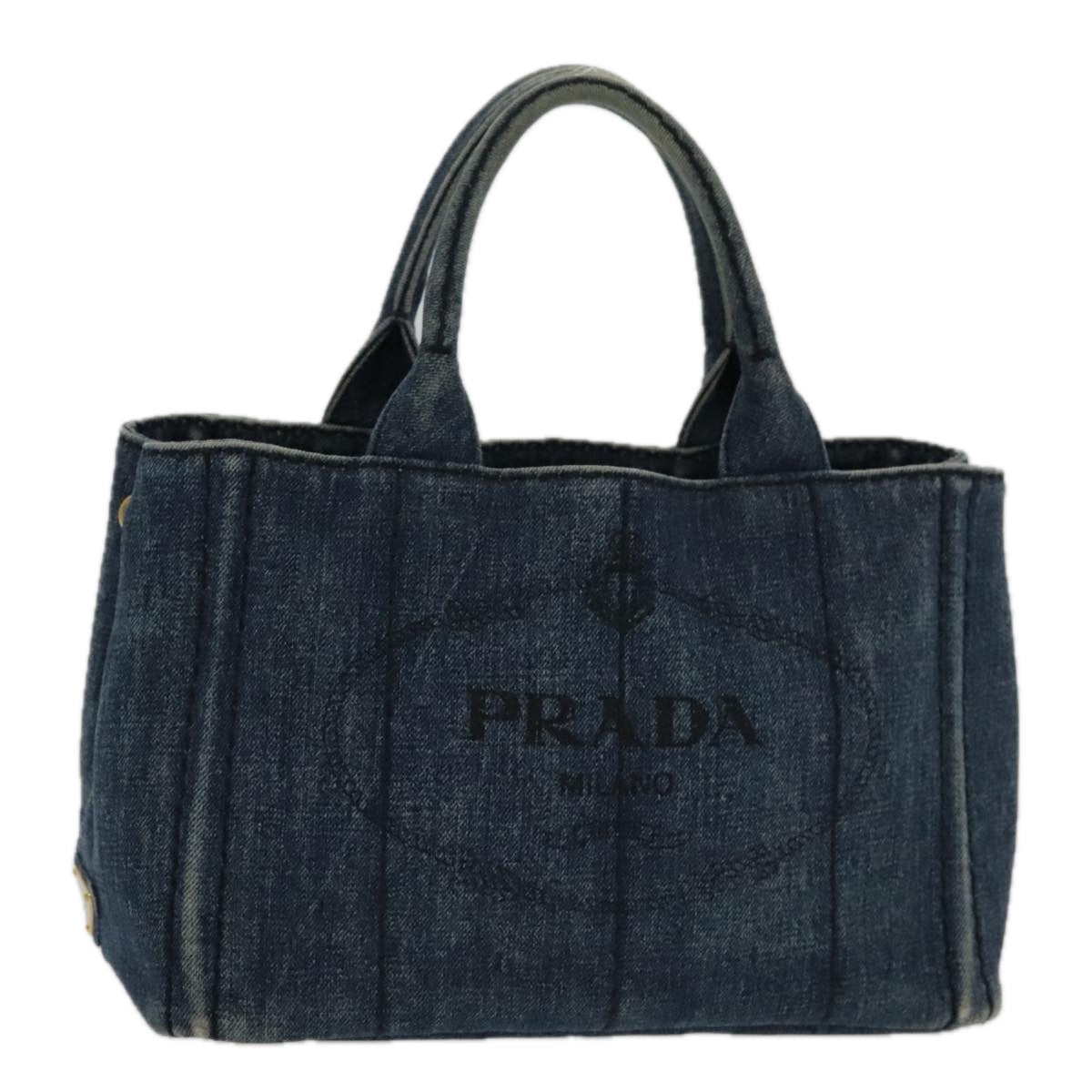 PRADA Canapa PM Hand Bag Denim Blue Gold Auth yk15518