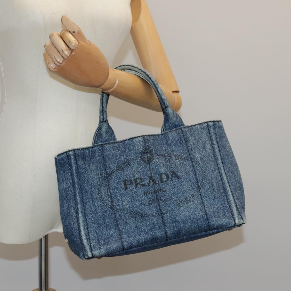 PRADA Canapa PM Hand Bag Denim Blue Gold Auth yk15518