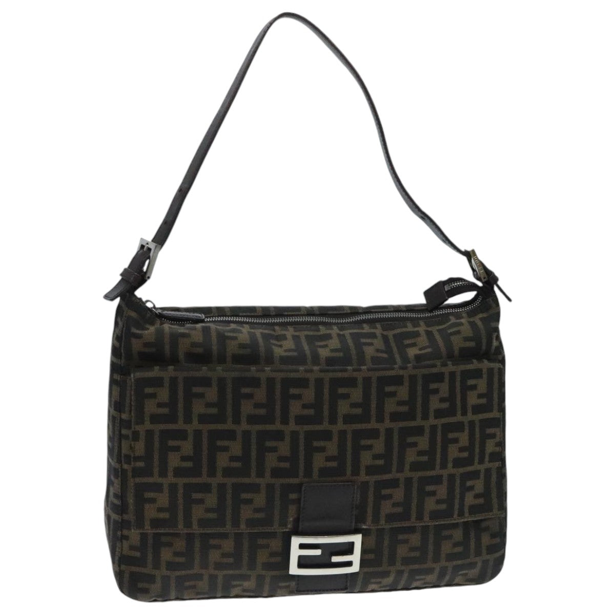 FENDI Zucca Canvas Mamma Baguette Shoulder Bag Brown Black Silver Auth yk15544