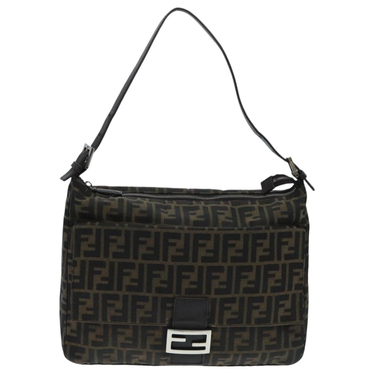 FENDI Zucca Canvas Mamma Baguette Shoulder Bag Brown Black Silver Auth yk15544