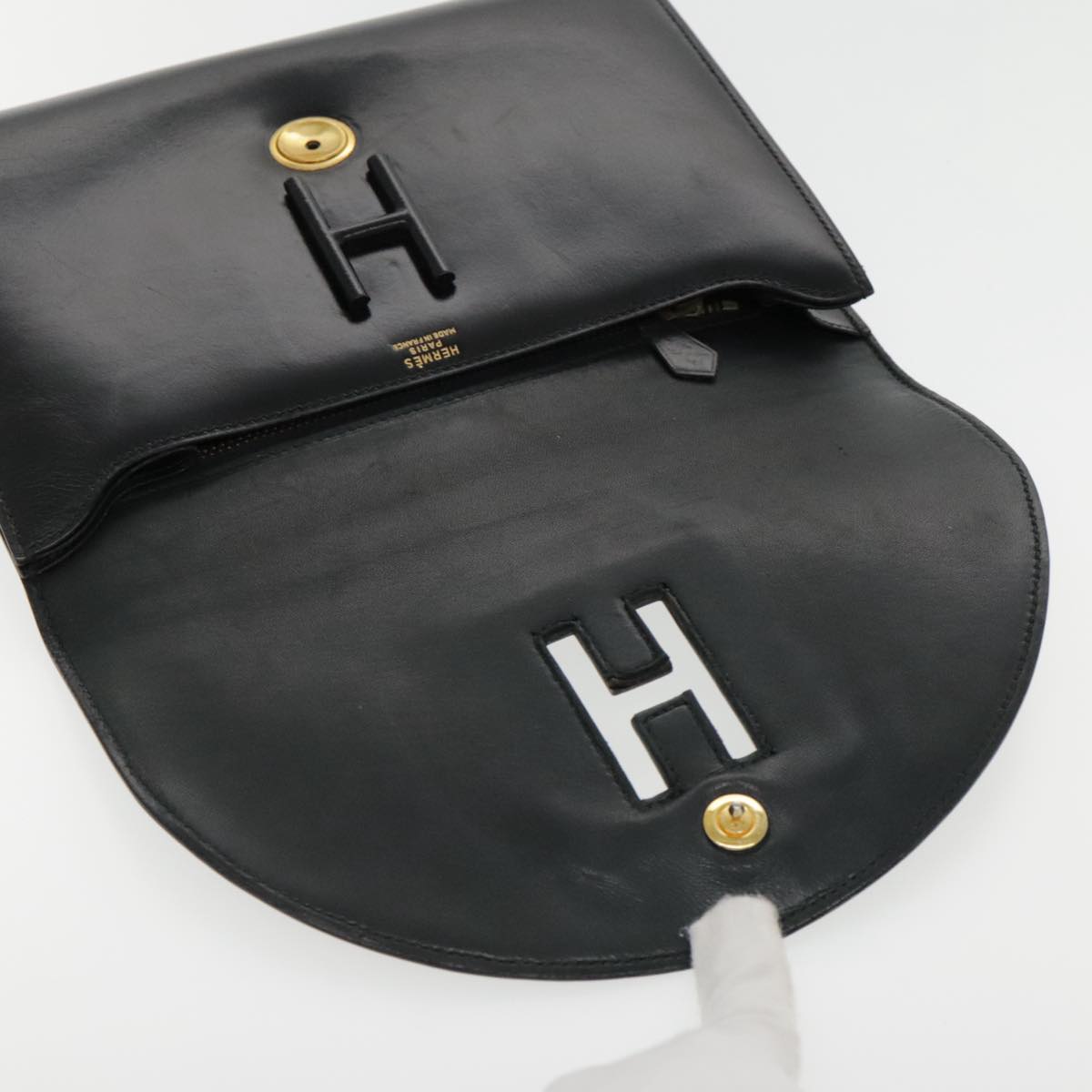 HERMES Clutch Bag Leather Black Gold Auth yk15555