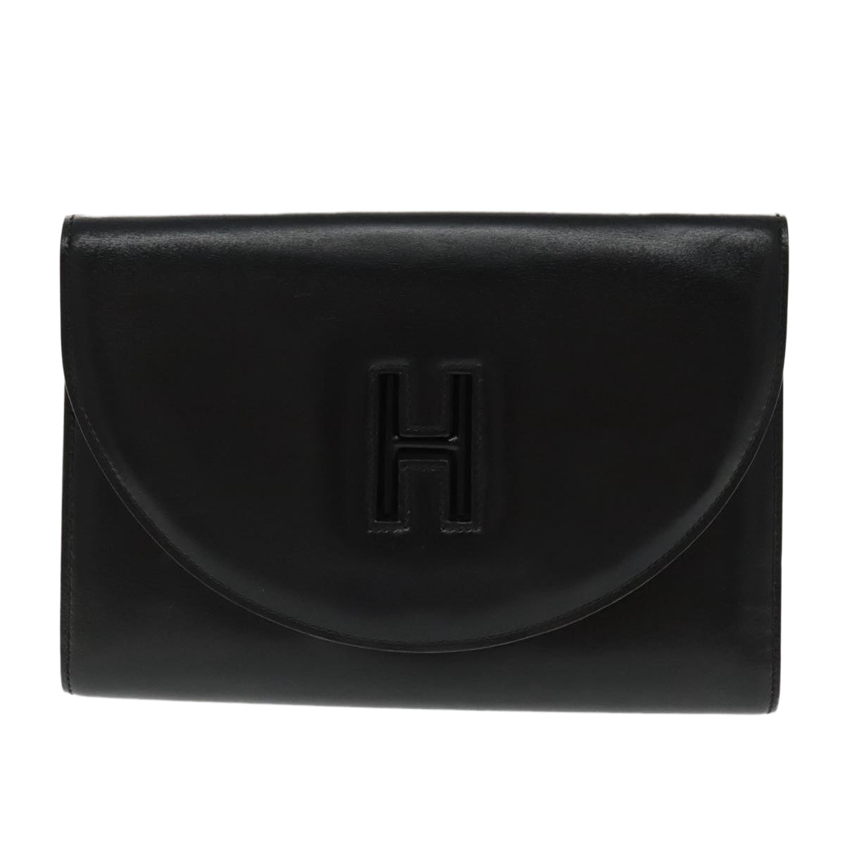 HERMES Clutch Bag Leather Black Gold Auth yk15555