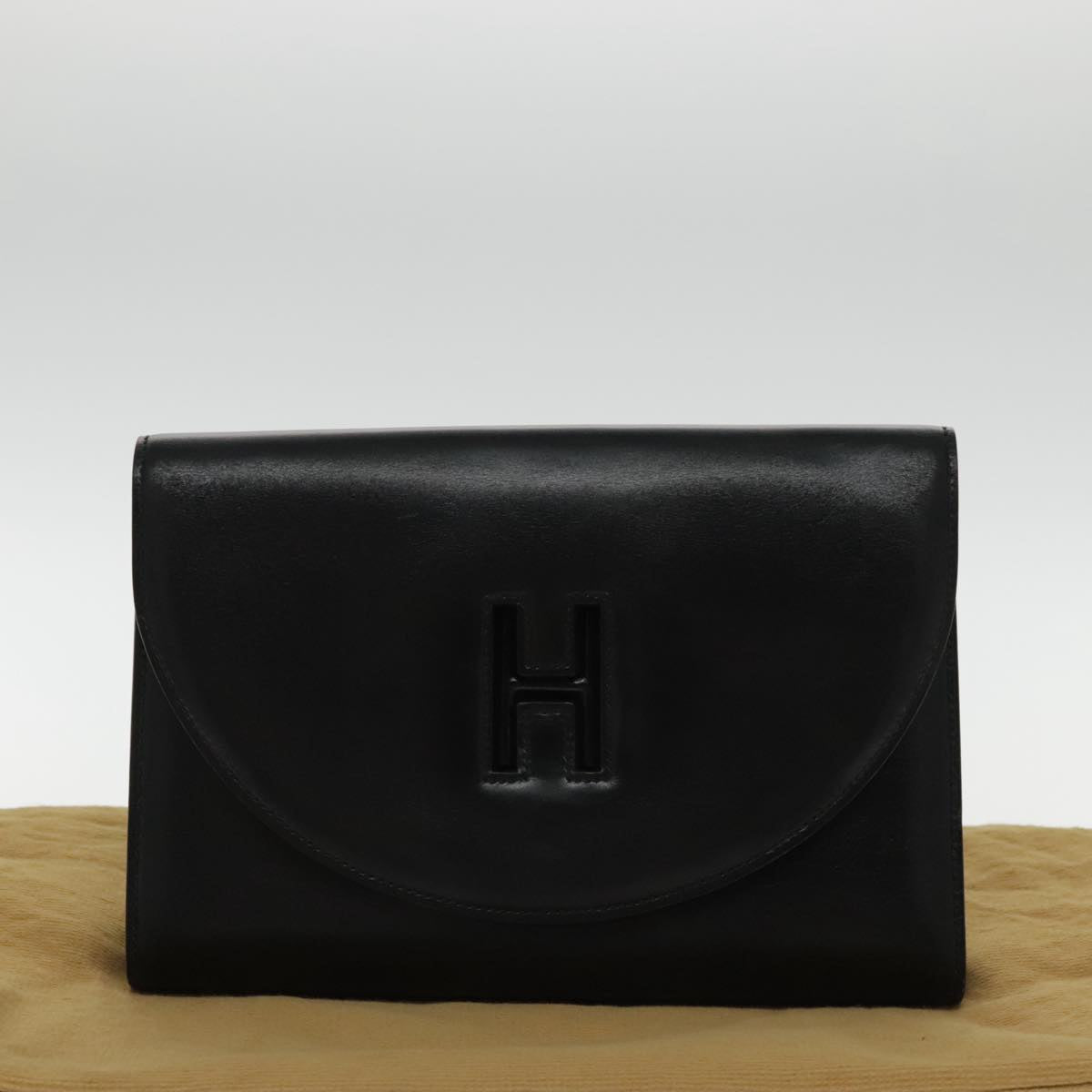 HERMES Clutch Bag Leather Black Gold Auth yk15555