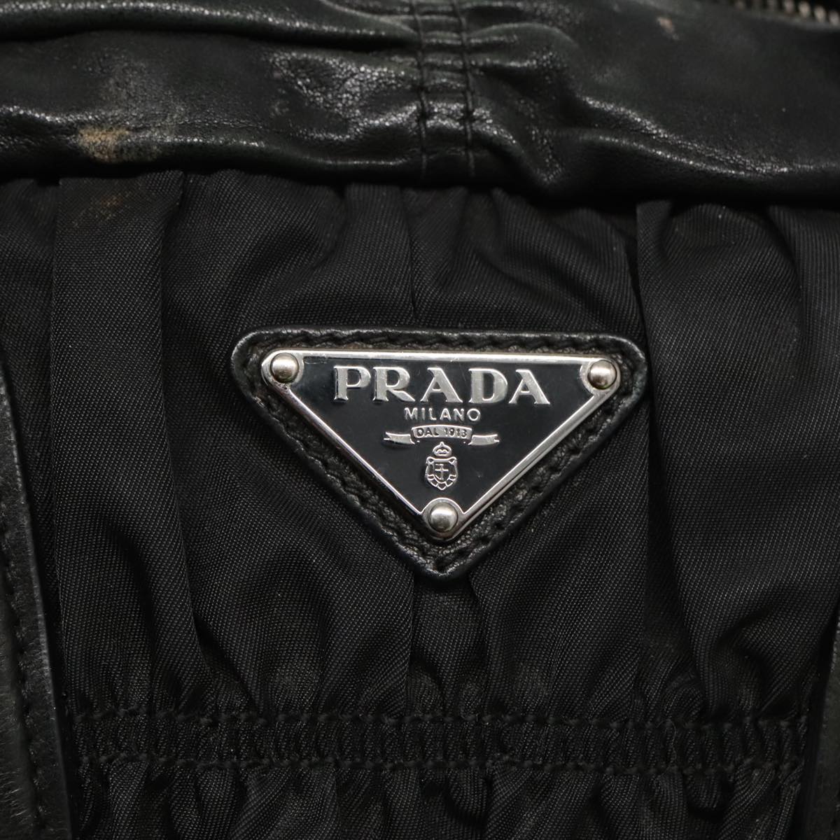 PRADA Gathered Hand Bag Leather Black Silver Auth yk15566