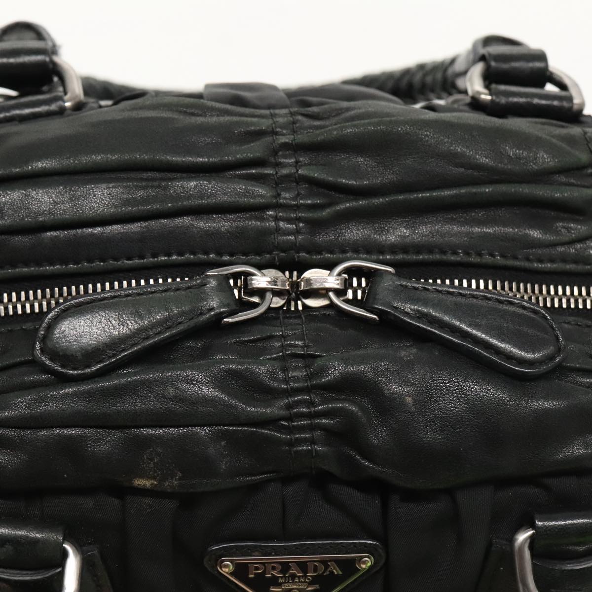 PRADA Gathered Hand Bag Leather Black Silver Auth yk15566