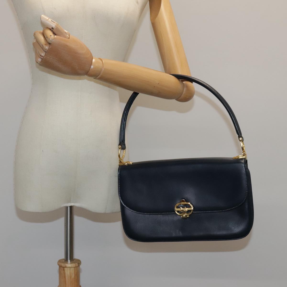 CELINE Horse Carriage Hand Bag Leather Navy Auth yk15581