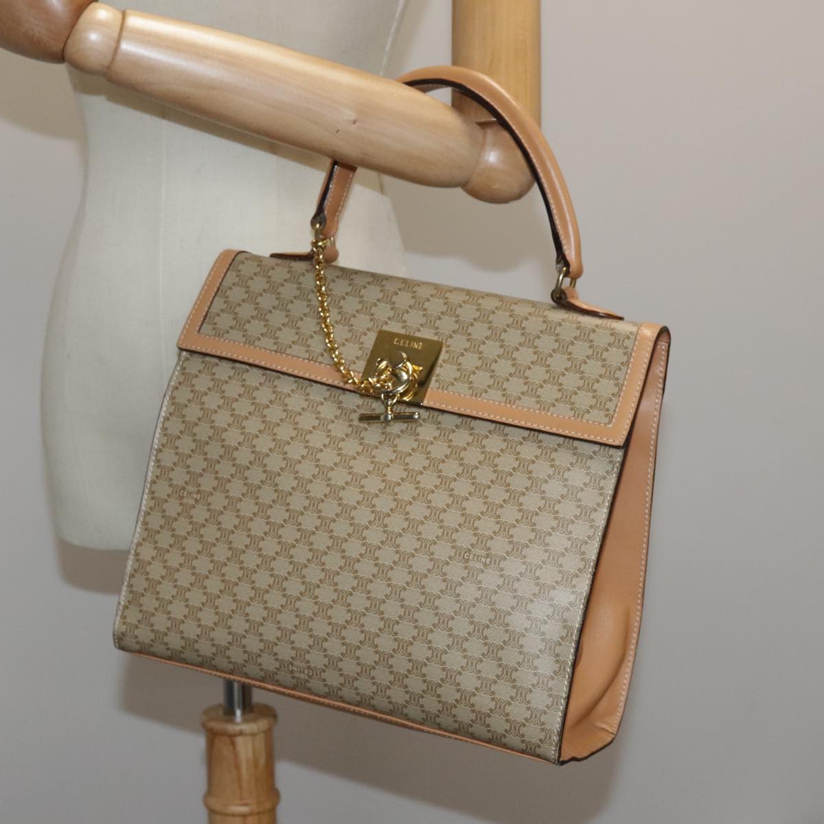 CELINE Macadam Canvas Hand Bag Coated Canvas Beige Auth yk15582